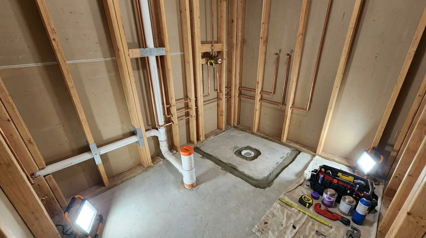 Bathroom rough-in plumbing during remodel by Johns Plumbing LLC in East Syracuse