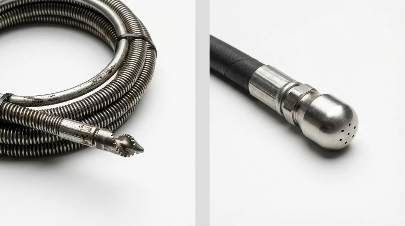 Drain snake cable and hydro jetting nozzle used for drain cleaning in East Syracuse, NY