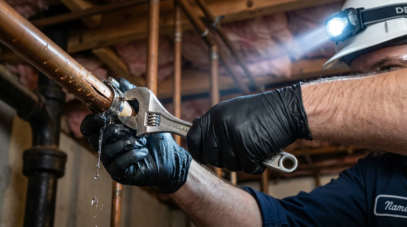 Emergency pipe clamp repair being performed by a Johns Plumbing LLC plumber in East Syracuse