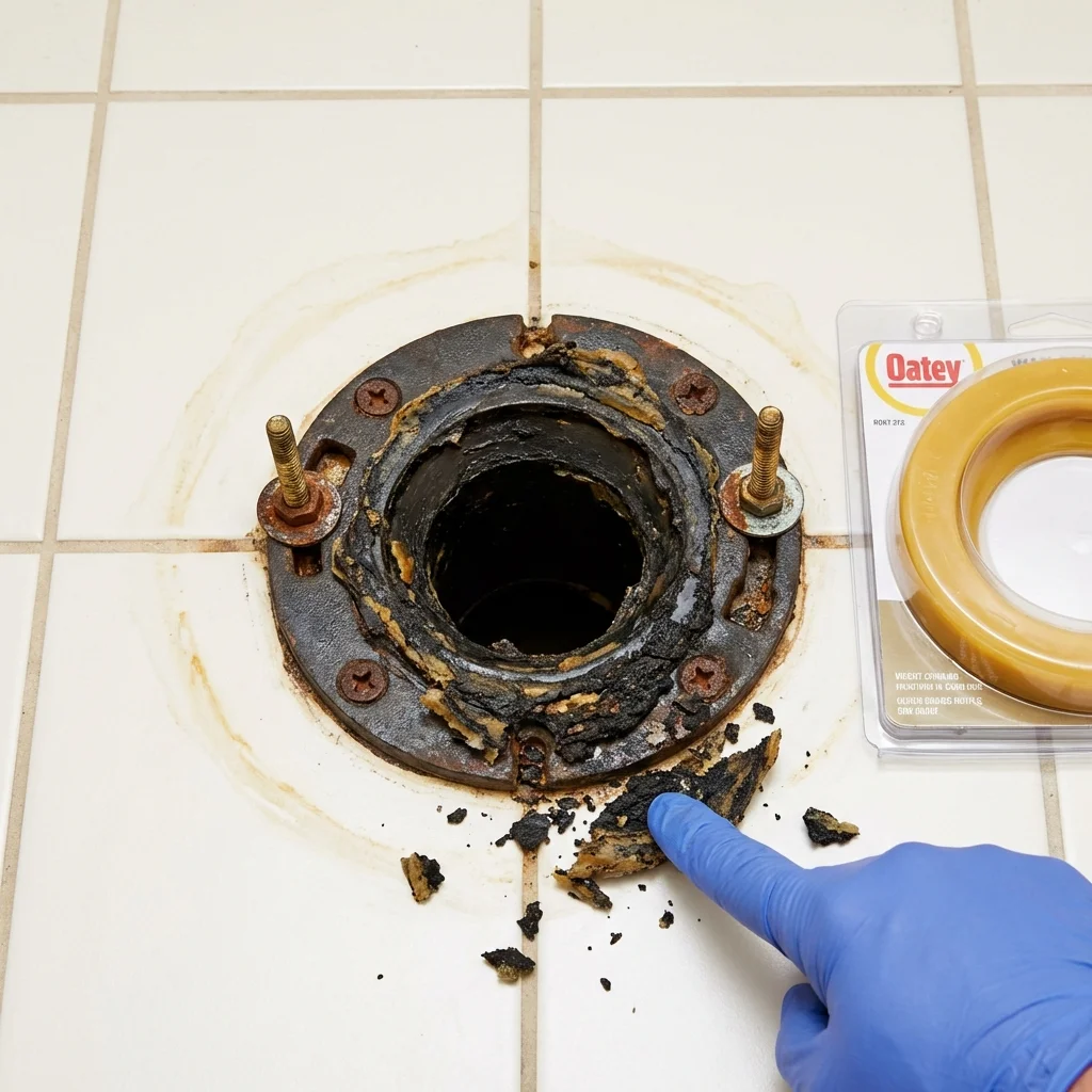 Failed wax ring showing water seepage at the base of a toilet in a East Syracuse, NY home