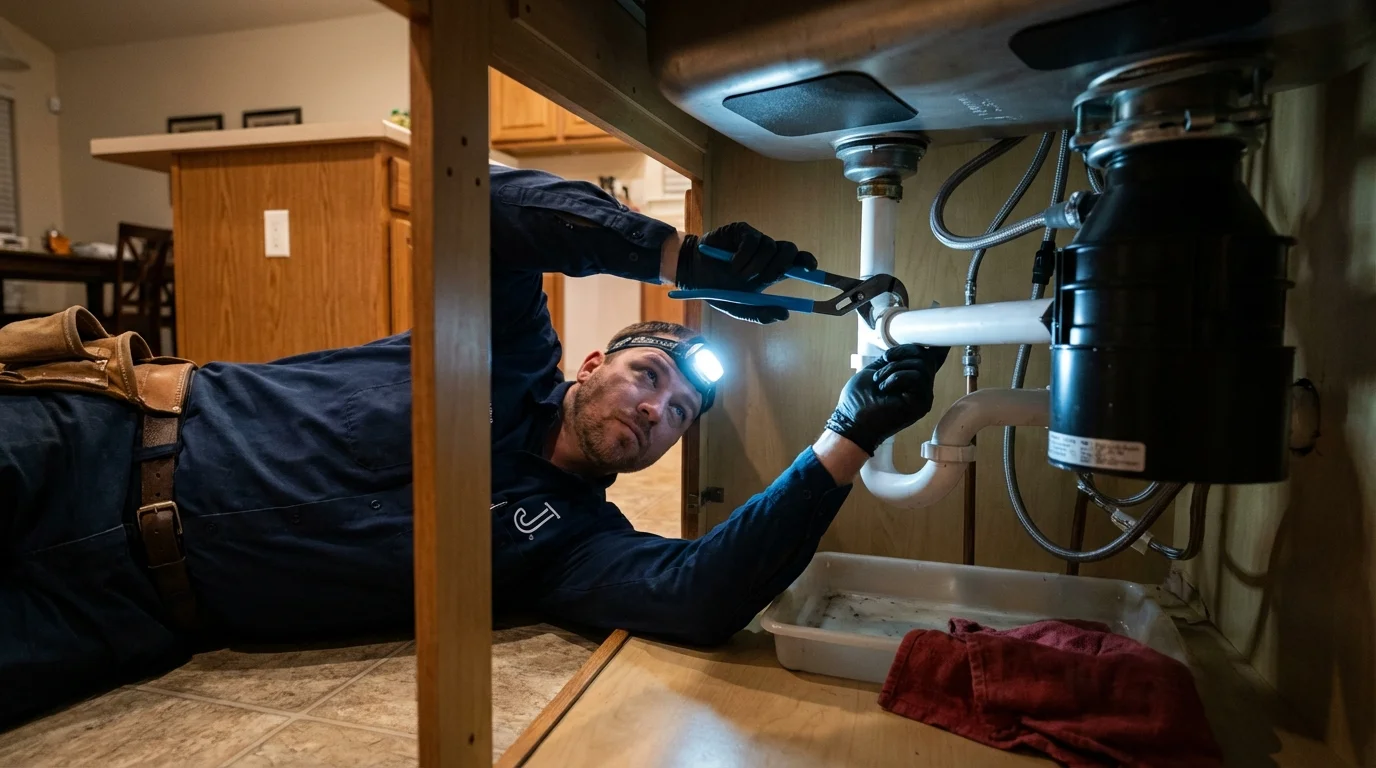 P-trap and supply line connections under a kitchen sink showing a common leak point in East Syracuse, NY